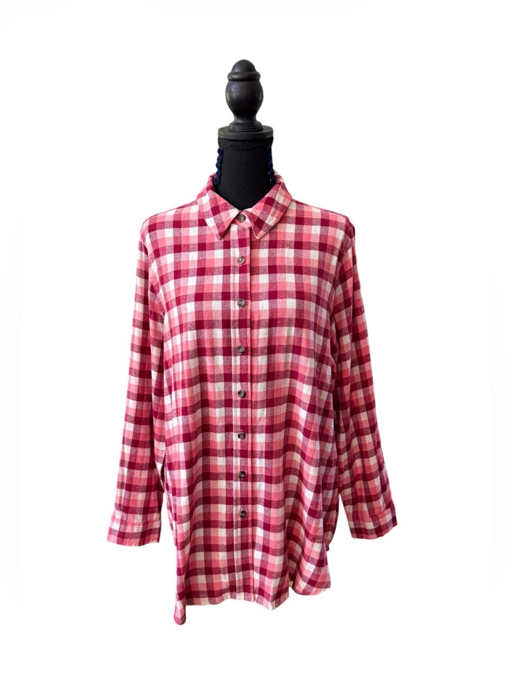 Woman Within Dark Pink and White Plaid Button-Up Flannel Shirt
